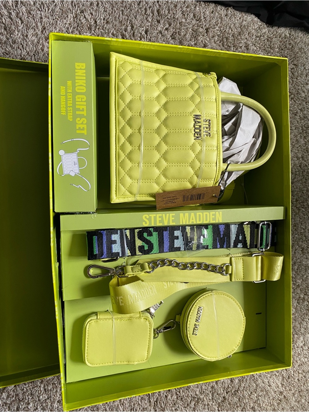 Steve Madden Neon Yellow Quilted Mini Tote Set with Strap and Pouches